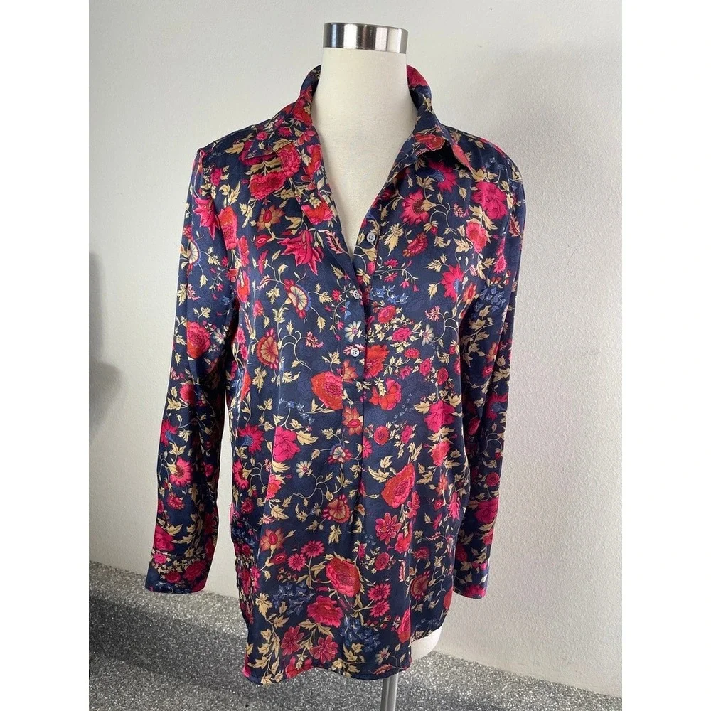 Lauren Ralph Lauren Womens Large Navy Floral Blouse‎ Top Long Sleeve Shirt